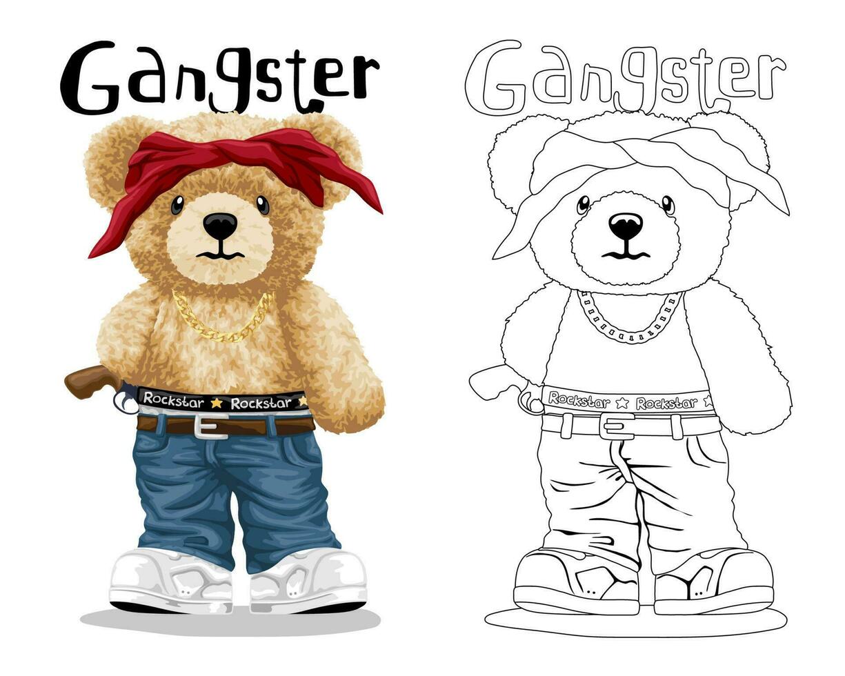 Hand drawn vector illustration of teddy bear in gangster style with gun. Coloring book or page