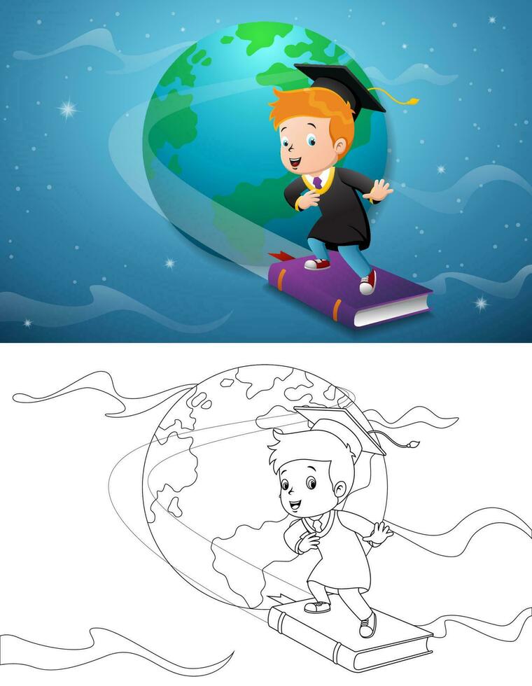 Cartoon boy in graduation costume flying around world with book vector