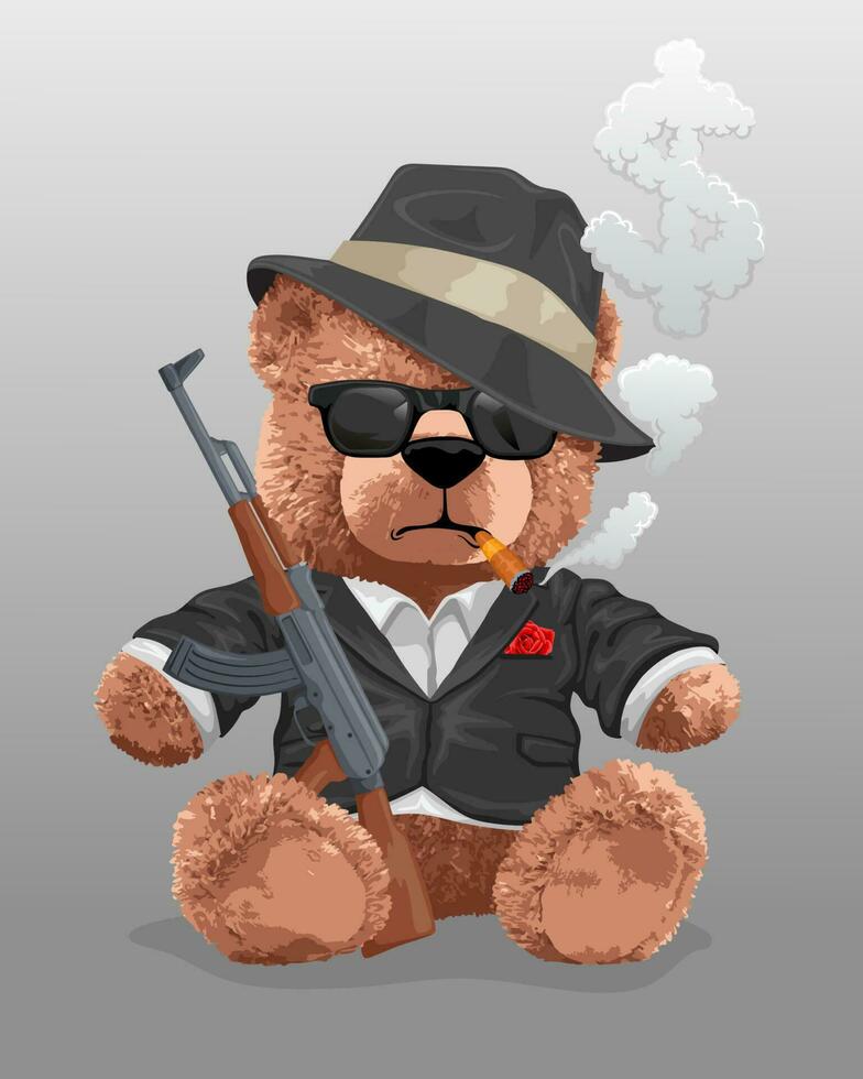 Vector illustration of teddy bear in mafia style with weapon