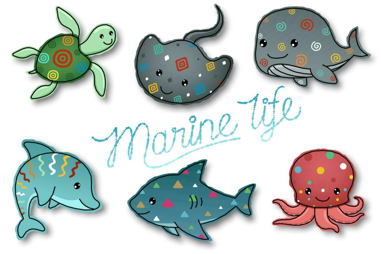 Vector illustration of hand drawn marine animals with colorful ornaments