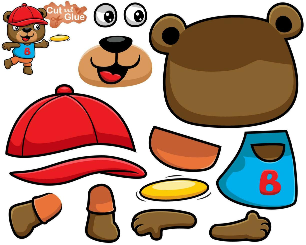 Vector illustration of bear cartoon wearing hat playing with flying disk. Cutout and gluing