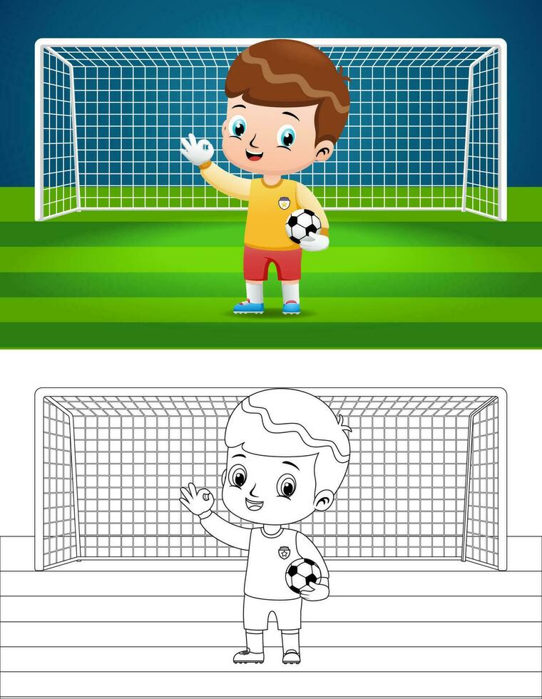 dibujos animados de un chico jugando fútbol como portero vector