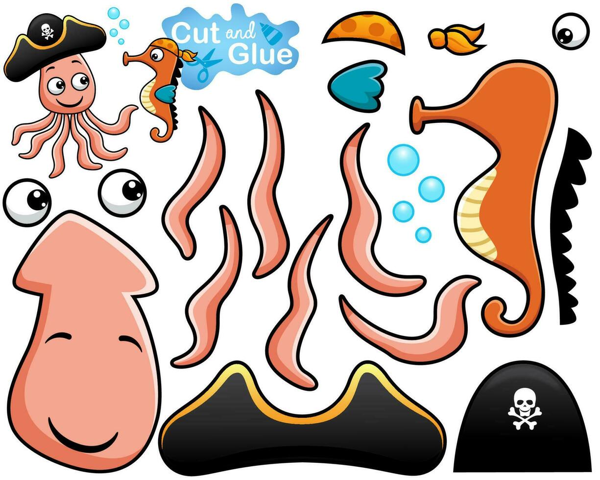 Vector illustration of cartoon squid with seahorse in pirate costume. Cutout and gluing