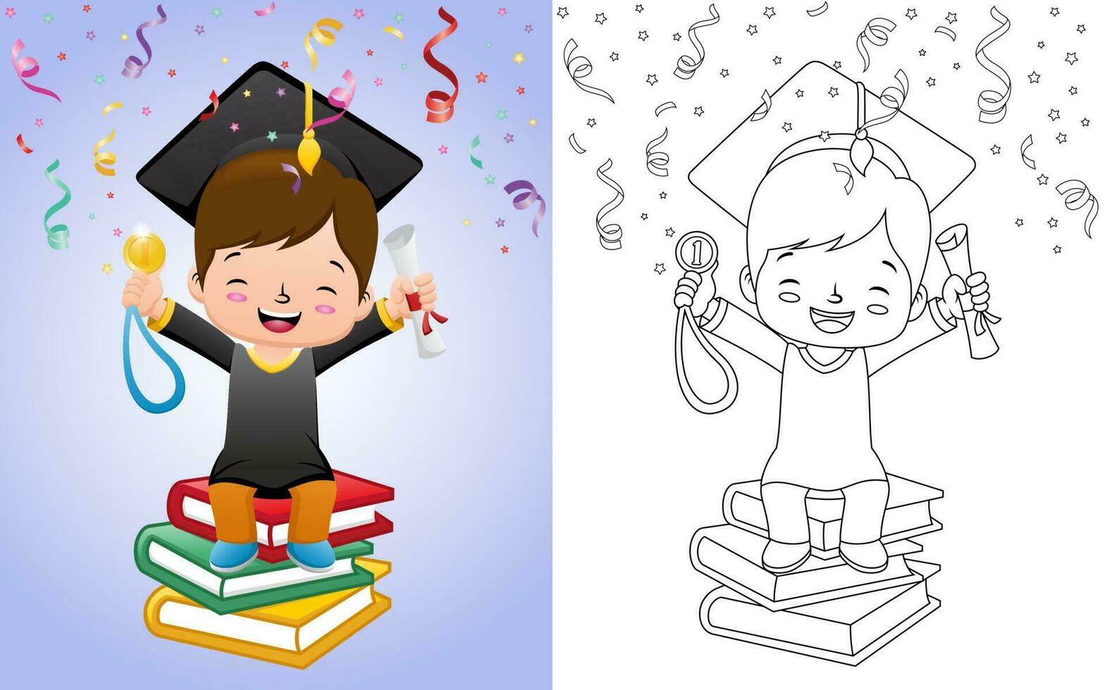 Cartoon boy in graduation costume sitting on book stack while holding medal and diploma vector