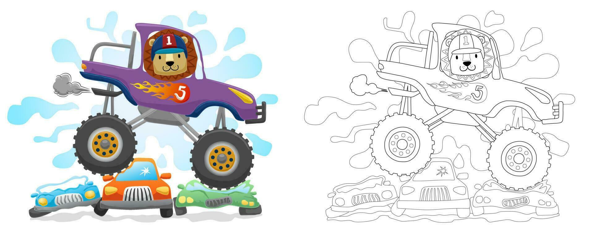 Cartoon of lion on monster truck crushing small vehicles, hand drawn style, coloring book or page vector