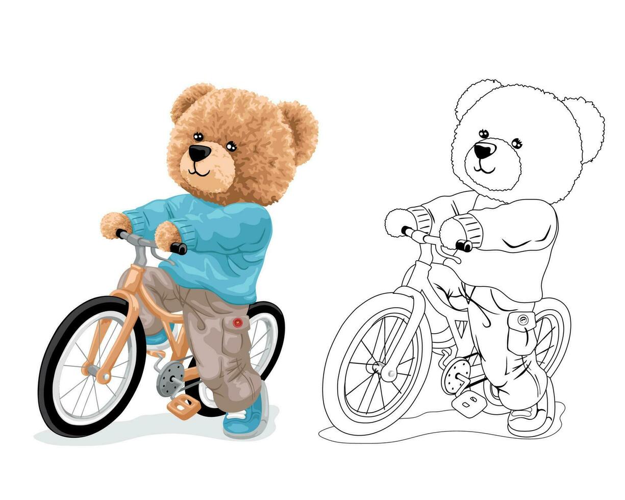 Hand drawn vector illustration of teddy bear with bicycle. Coloring book or page