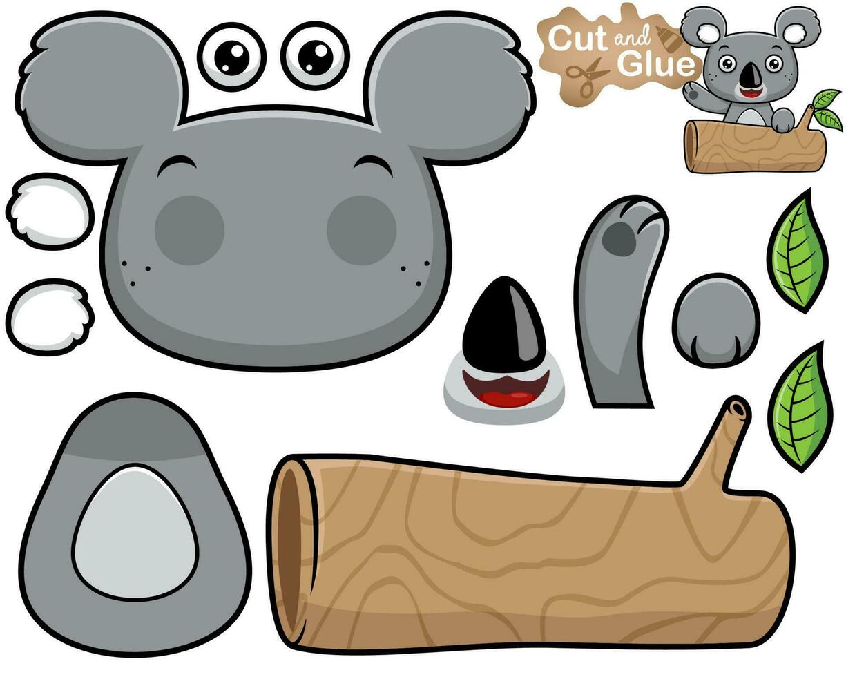 Vector illustration of cartoon koala in tree trunk. Cutout and gluing