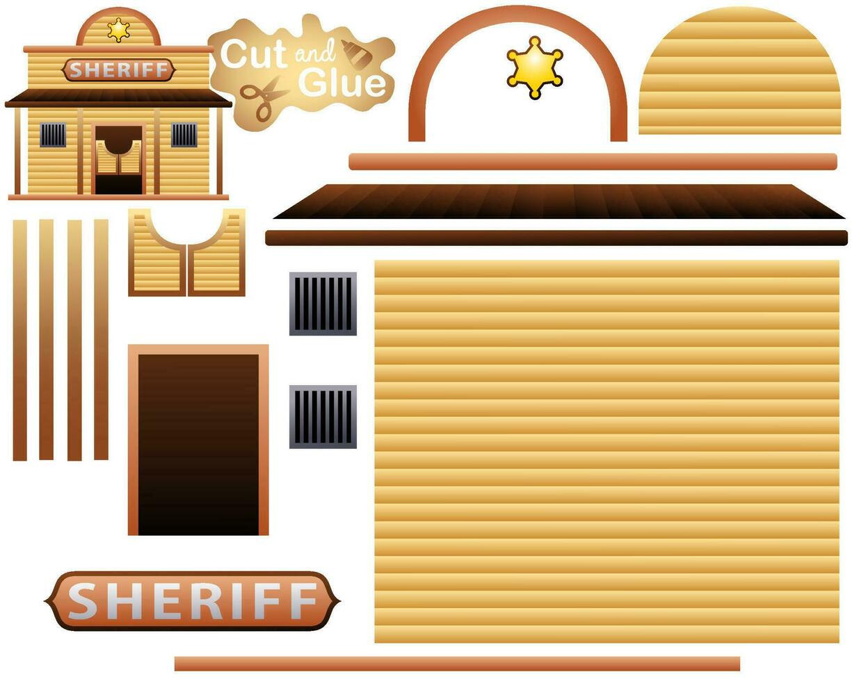 Vector illustration of old wooden western sheriff office cartoon. Cutout and gluing