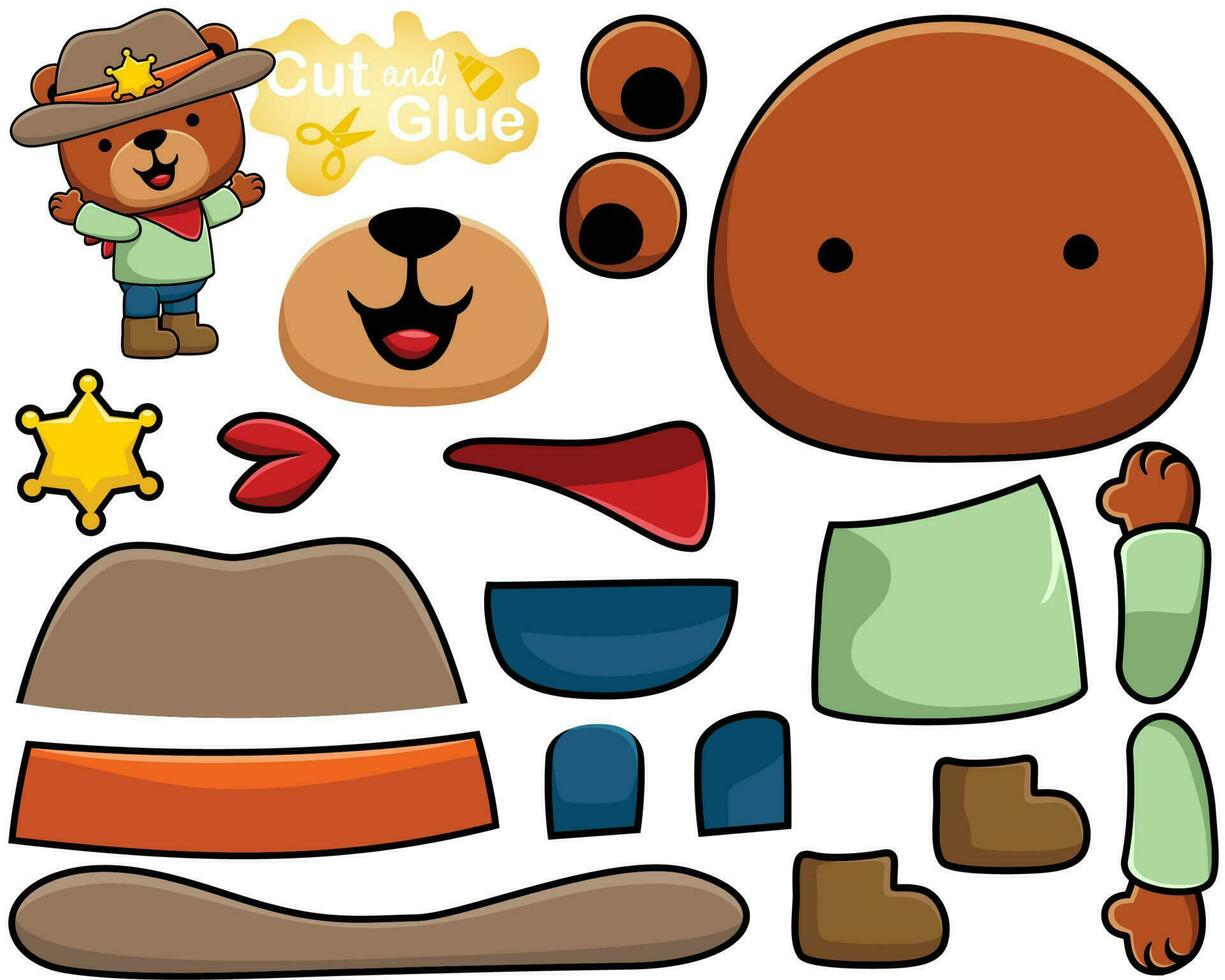 Vector illustration of cartoon bear in cowboy costume. Cutout and gluing