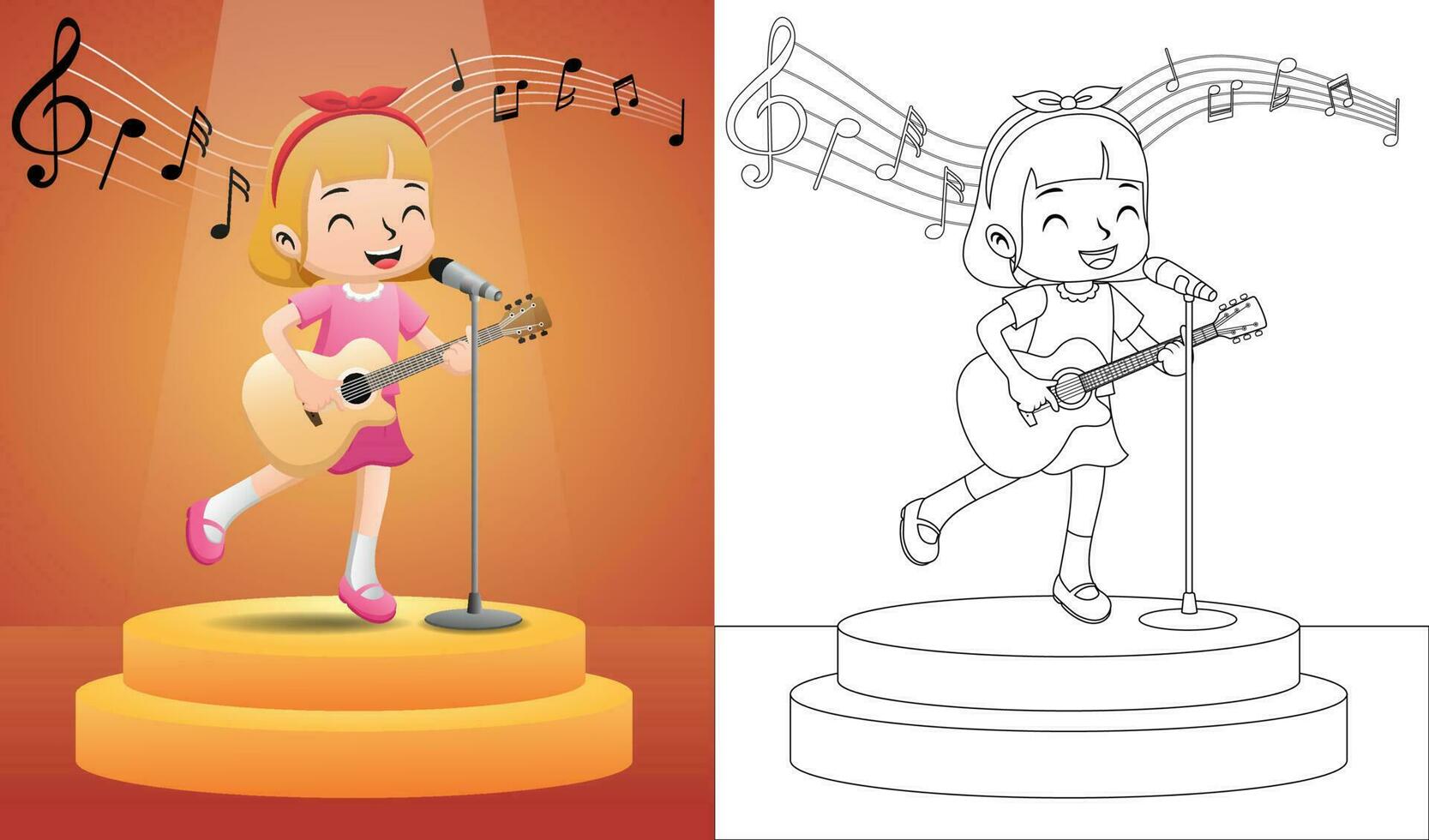 Vector illustration of a little girl singing while playing guitar on stage