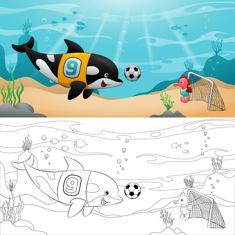 Vector illustration of cartoon orca whale with seahorse playing soccer undersea. Coloring book or page