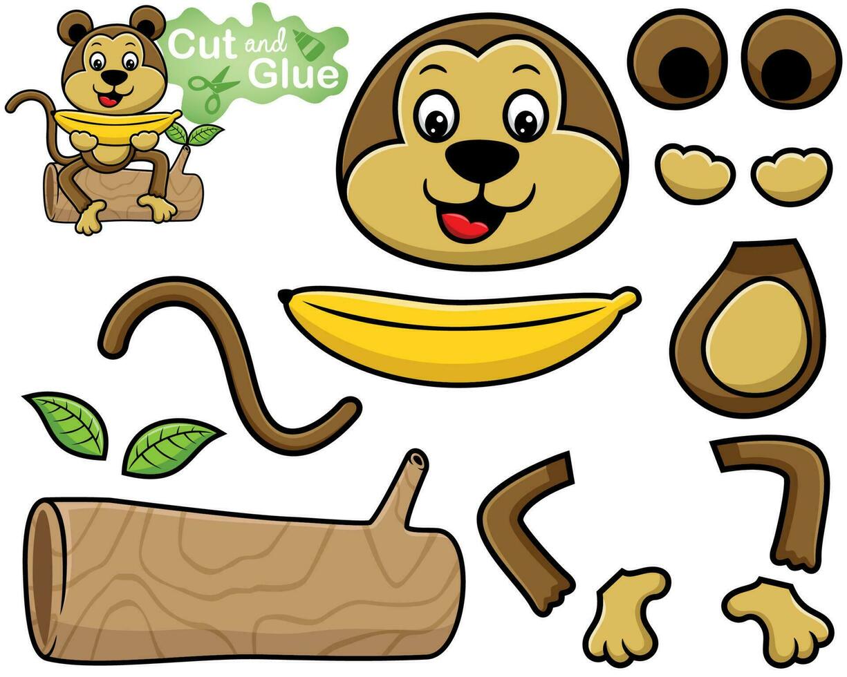 Cartoon of monkey sitting on tree trunk while holding big banana. Cutout and gluing vector