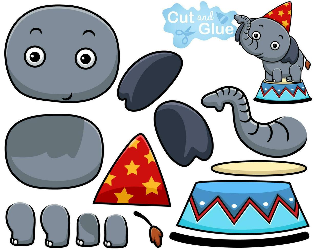 Vector illustration of cartoon elephant in circus show. Cutout and gluing