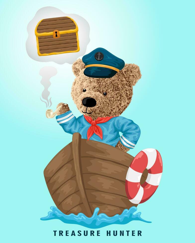 Vector illustration of bear doll in sailor costume on boat dreaming treasure chest