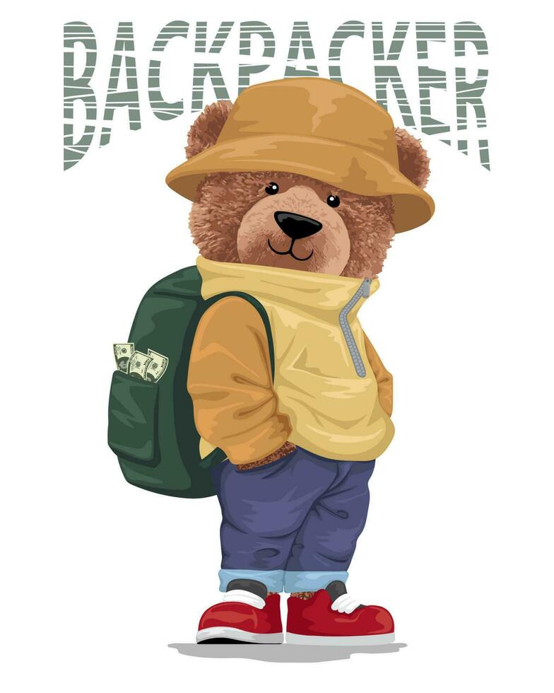 Vector illustration of teddy bear carrying backpack full of money