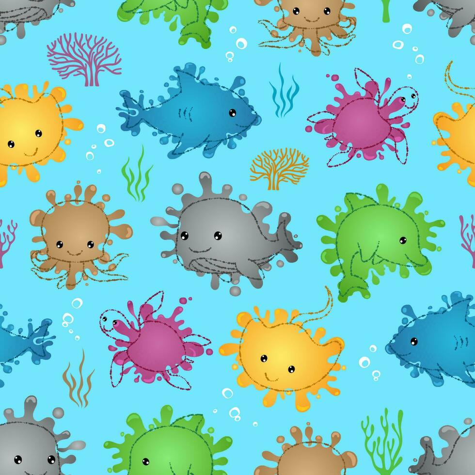 Seamless pattern of marine animals cartoon with colorful water splash vector