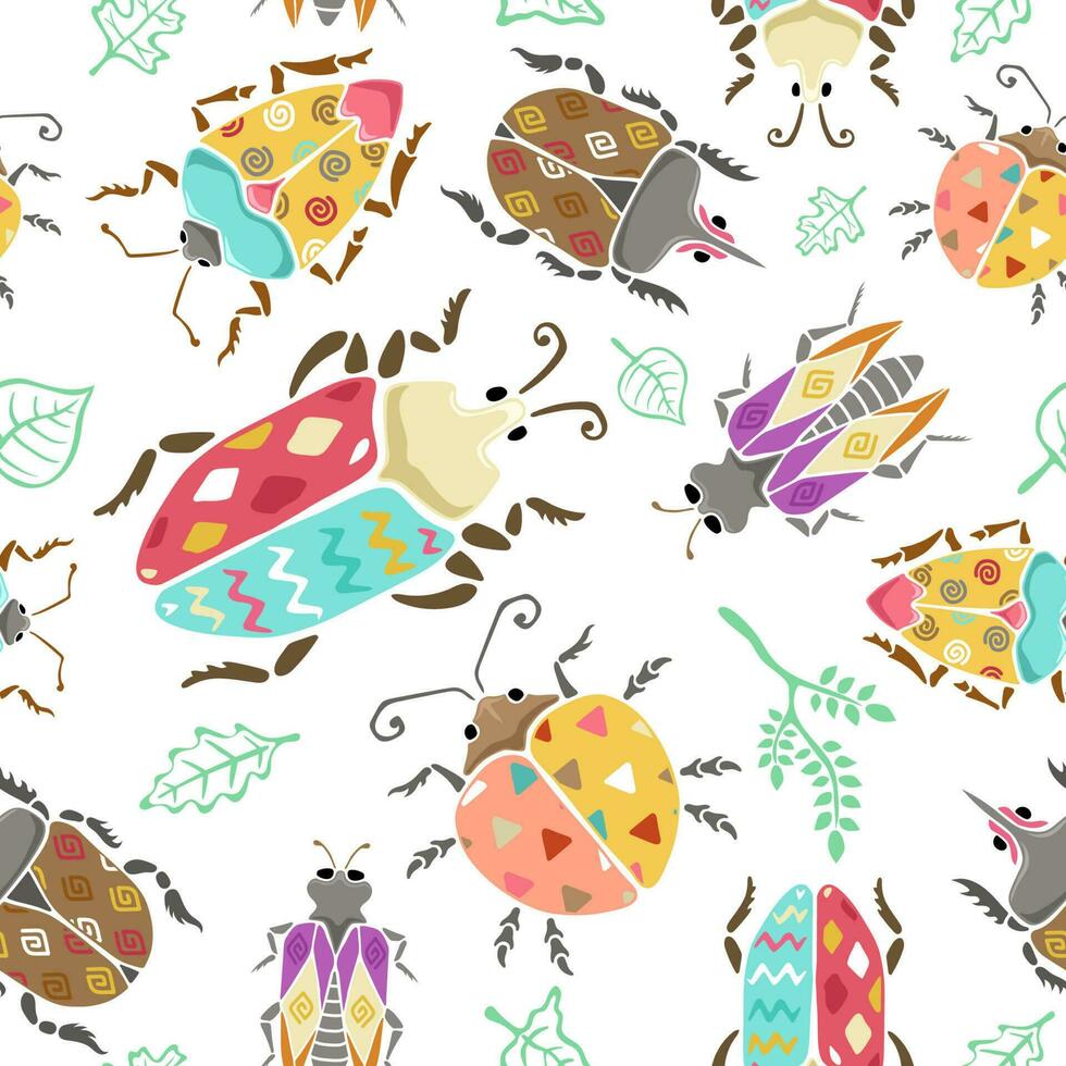 Seamless pattern vector of hand drawn beetles and leaves with colorful ornamental