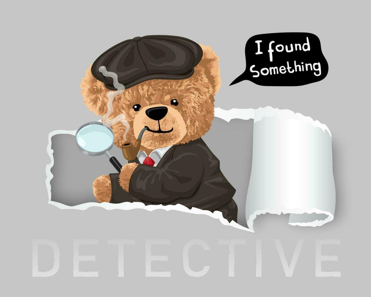 Vector illustration of teddy bear in detective costume holding magnifying glass