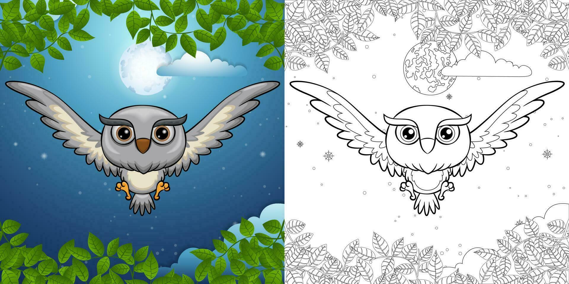 Cartoon of owl flying at night on full moon background vector