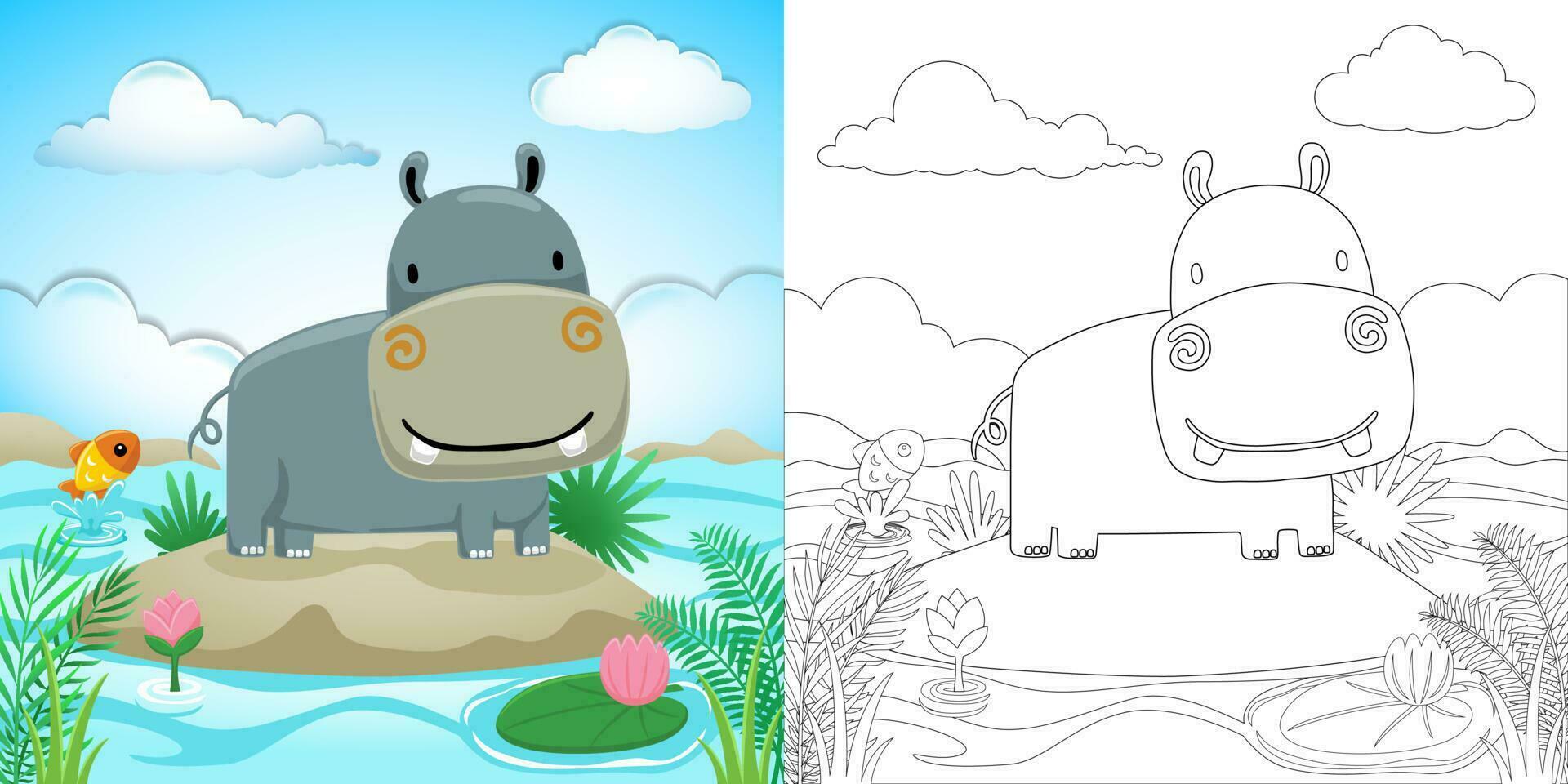 Cartoon of hippo in swamp on blue sky background vector