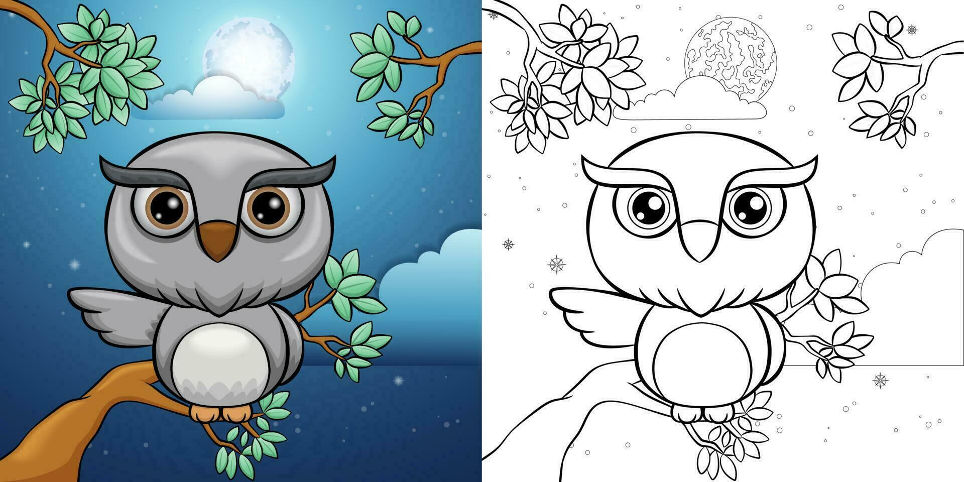 Cartoon of owl perching on tree branches at night on full moon background vector
