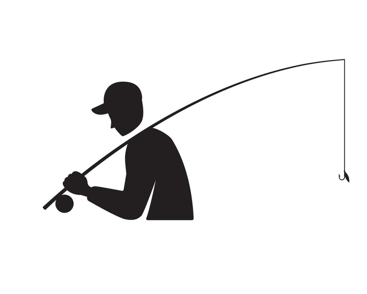 pescador de caña participación un pescar vara, pescador símbolo, lado dibujo de un hombre vistiendo un gorra, silueta de medio persona con al aire libre engranaje vector