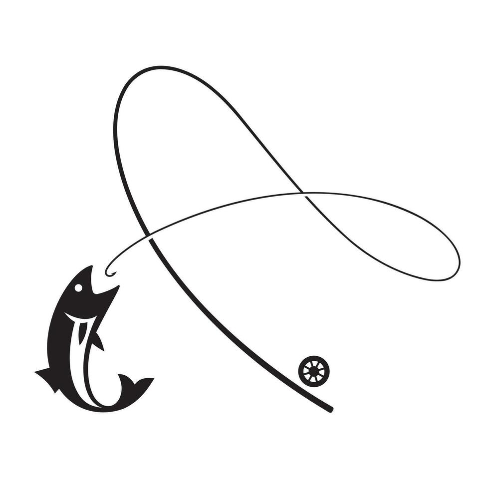 Salmon fishing illustration, fly fishing logo, fishing rod