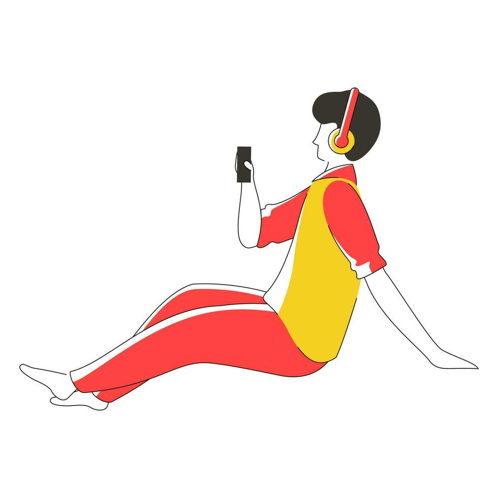 Cartoon young boy listening music in headphone while using smartphone. vector