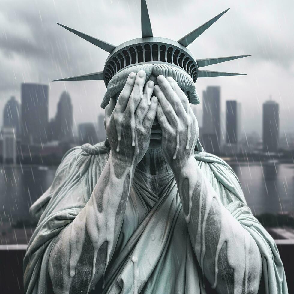Statue of liberty crying with her hands covering her face, raining outside, city background, generate ai photo
