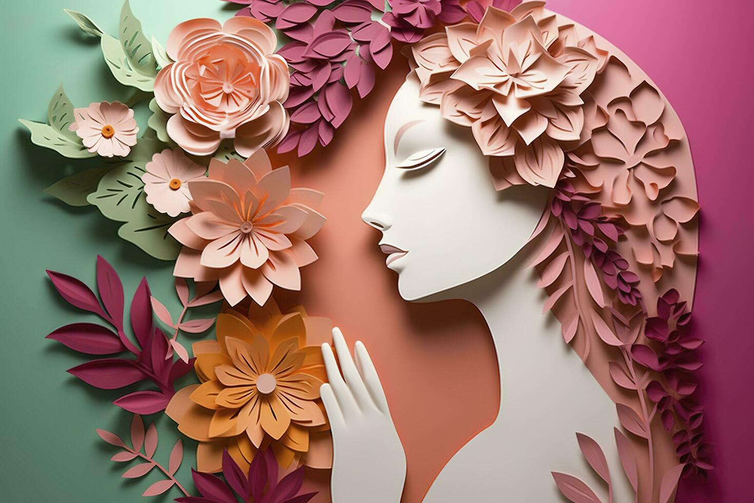 Paper art , Happy women's day 8 march with women of different frame of flower , women's day specials offer sale wording isolate , Generate Ai photo