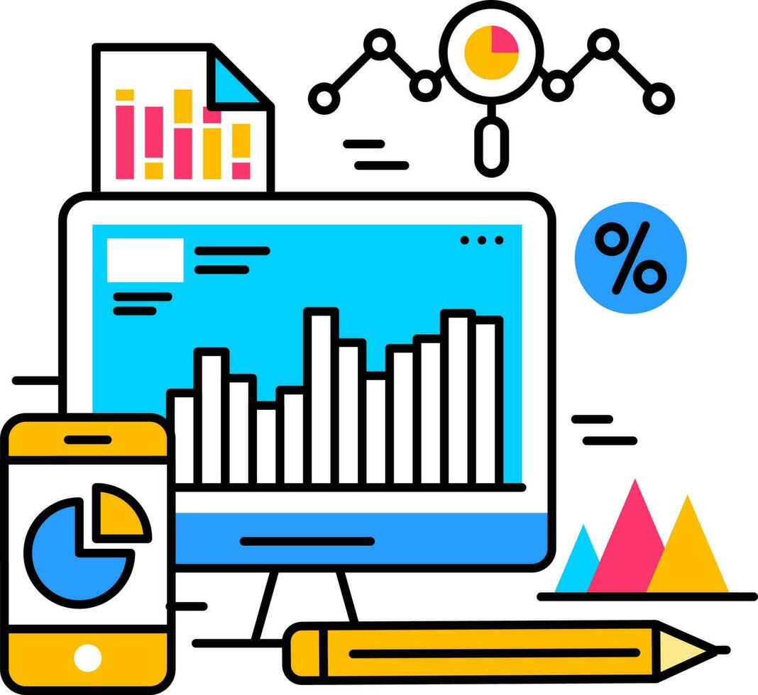 Data analysis financial infographic graph chart in computer and smartphone screen with document paper and pencil icon. vector