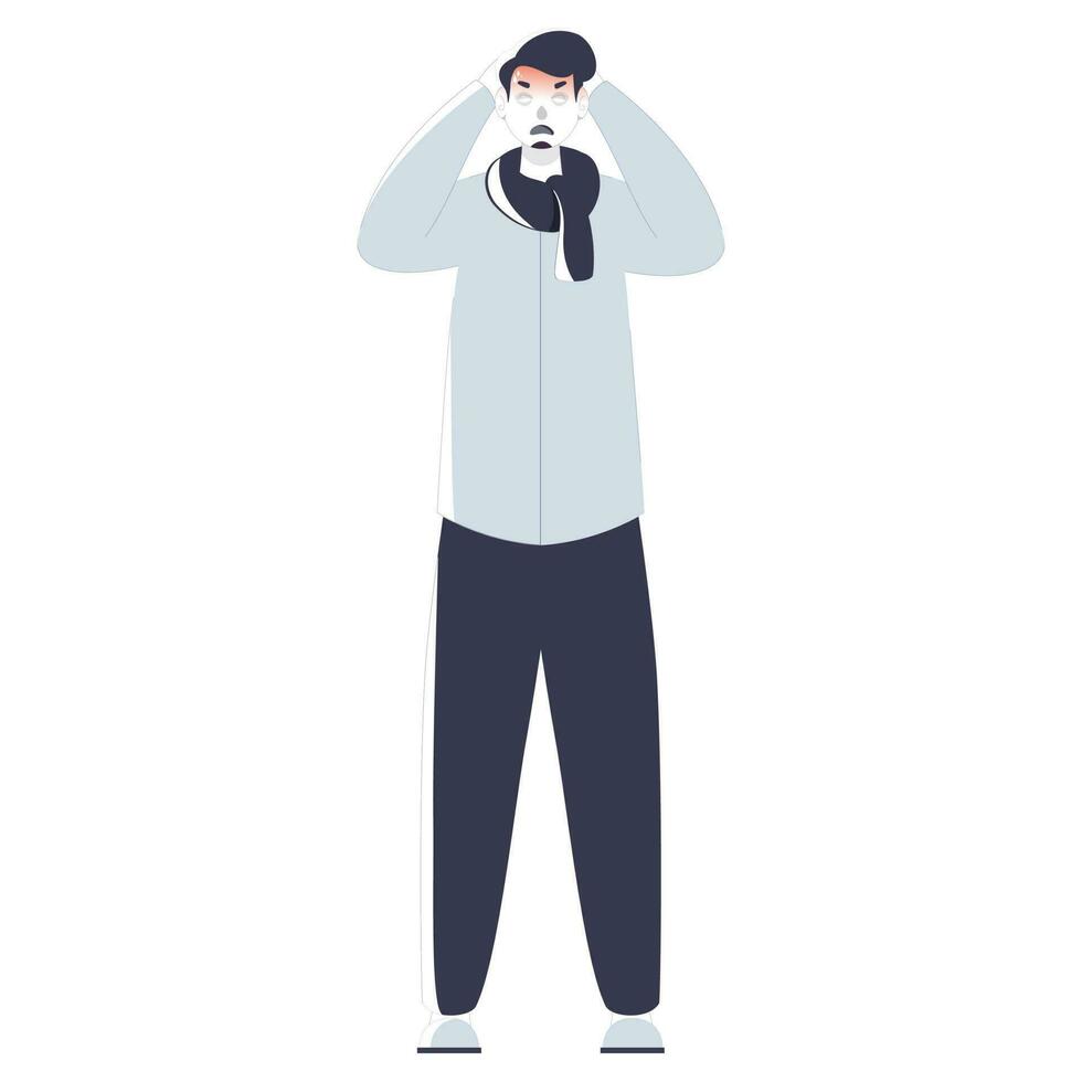 Young Boy Holding His Head in Standing Pose of Headache. vector