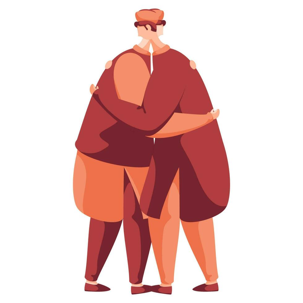 Muslim Men Hugging Each Other on White Background. vector