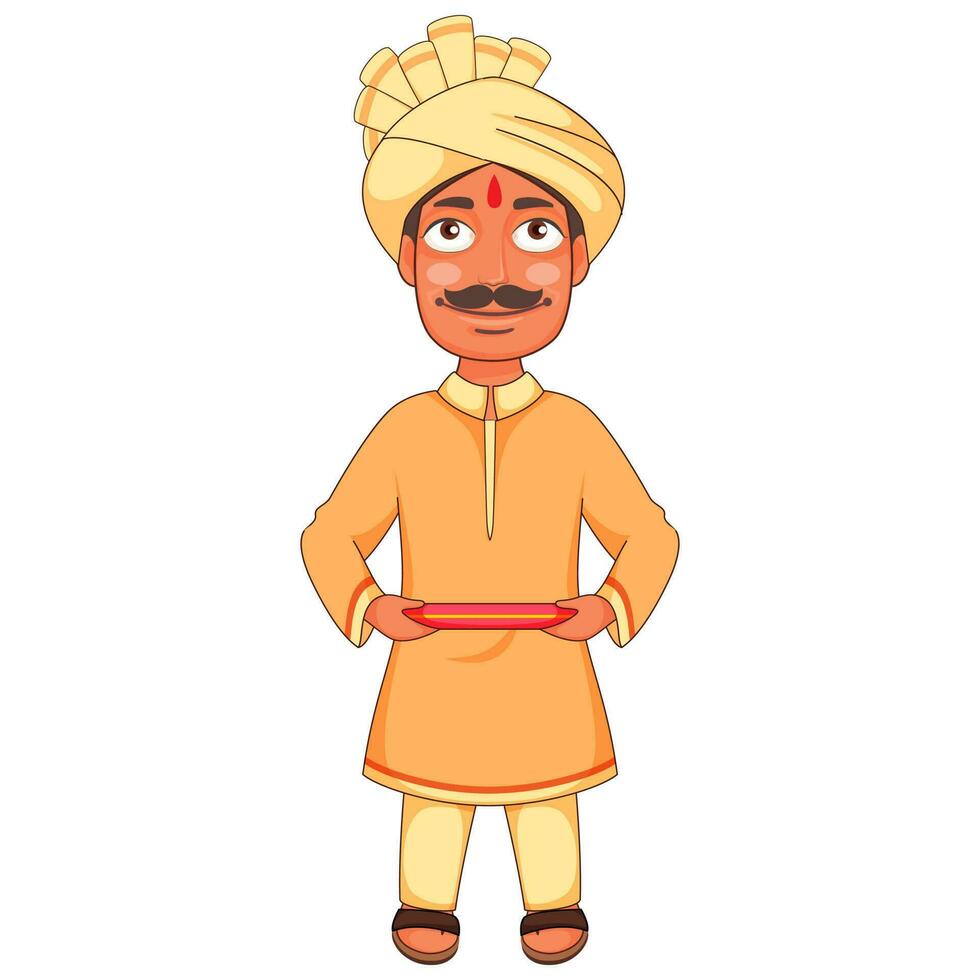 Cartoon Character of Man Wearing Indian Dress and Pagri. vector