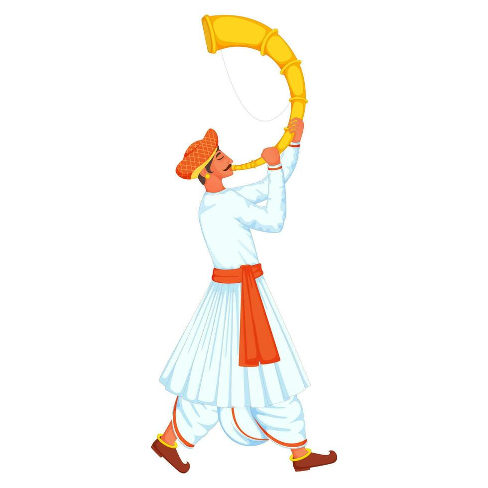 Illustration of Cartoon Character of Indian Man Blowing Tutari. vector