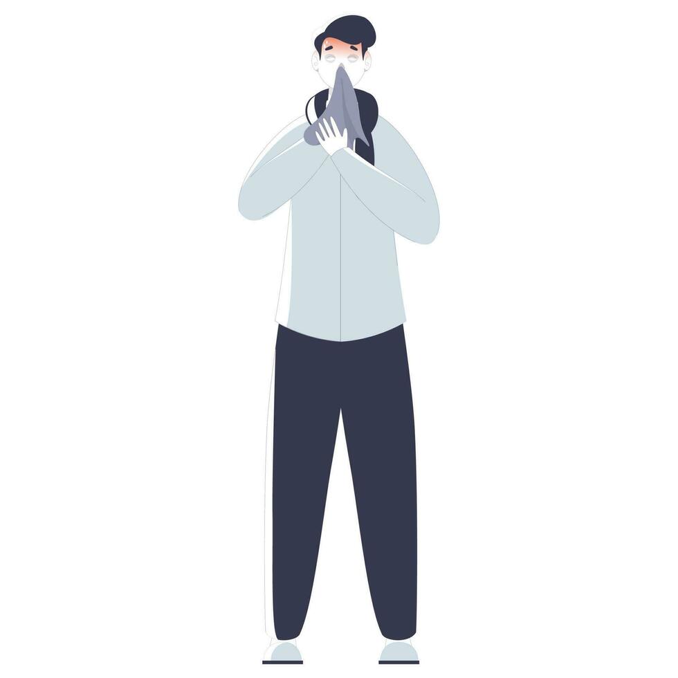 Young Boy Sneezing or Cold and Cough with Napkin. vector