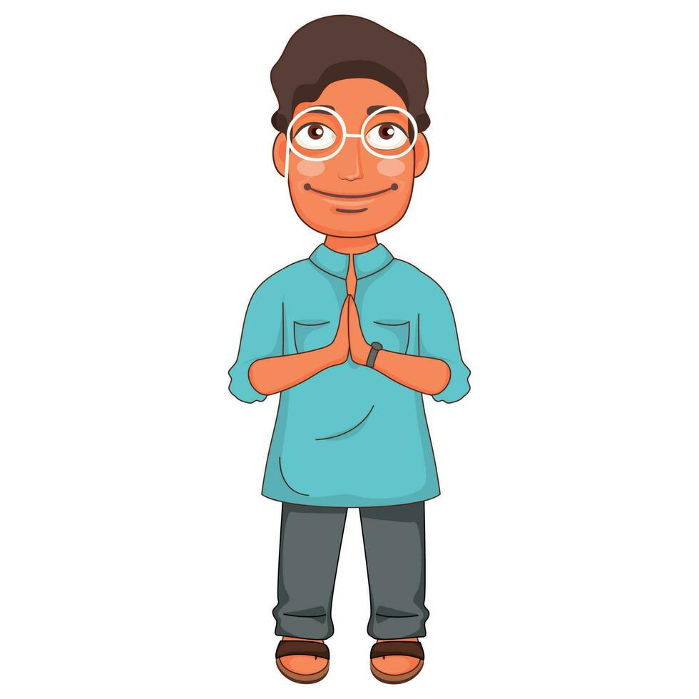 Illustration of Eyeglass Wearing Cartoon Man Doing Namaste for Welcome vector