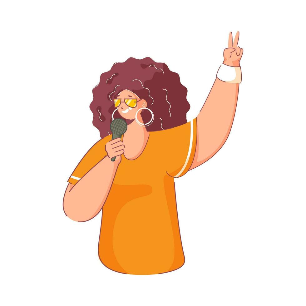 Cheerful Young Girl Singing From Mic on White Background. vector