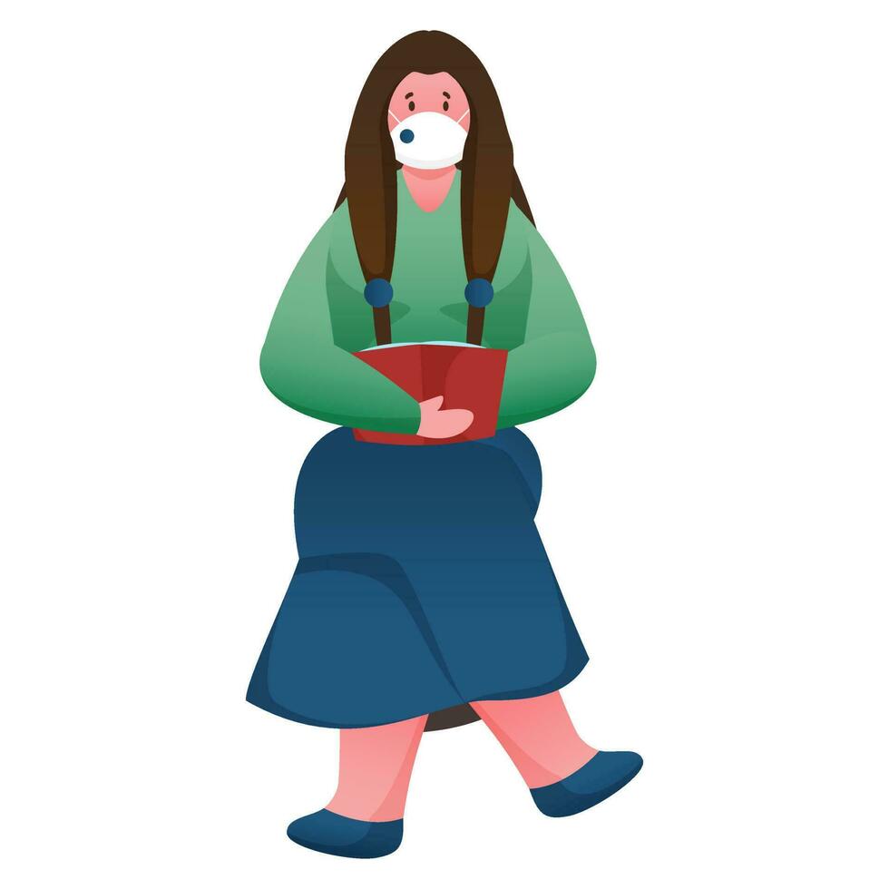 Illustration of Wearing Mask Student Girl Reading Book and Sit on Stool. vector