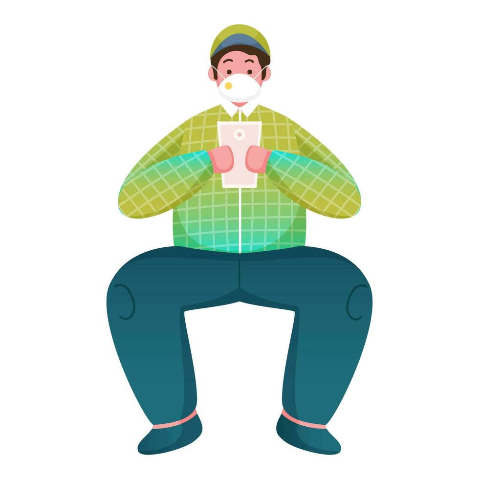 Vector illustartion of Sitting Young Man Using in Smartphone and Wearing Face Mask.