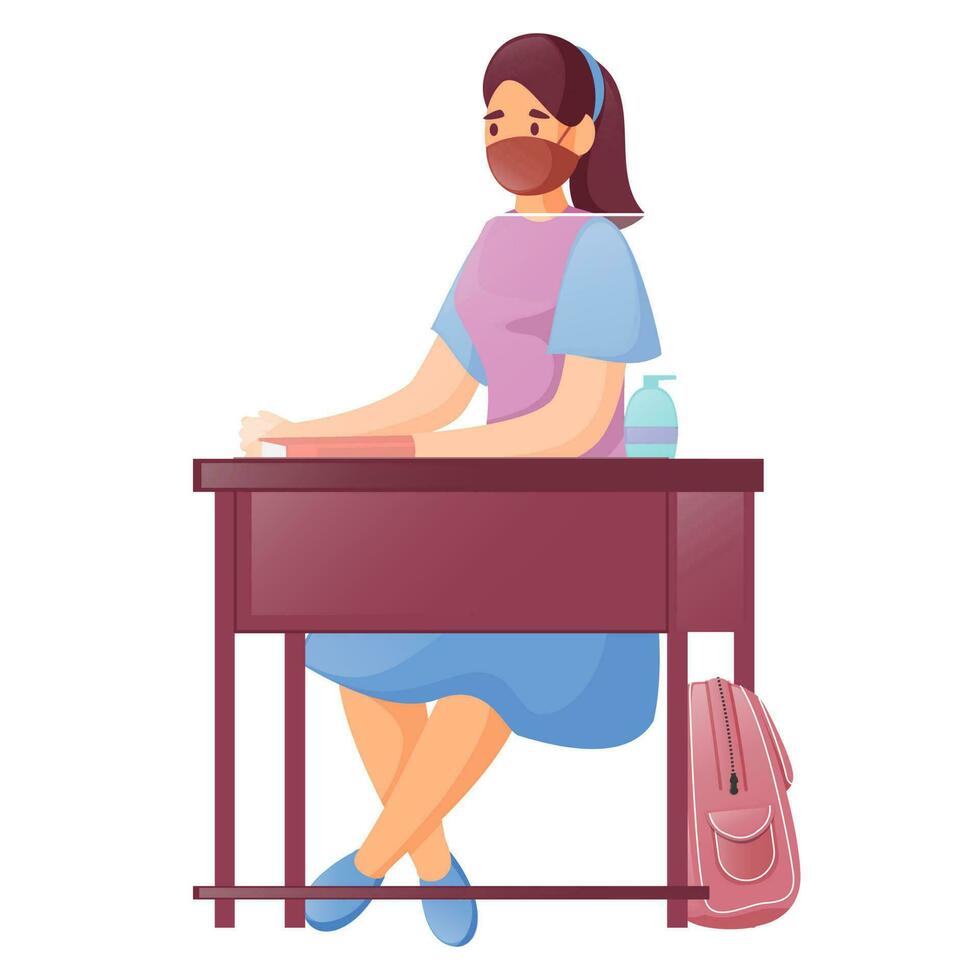 ilustración de vistiendo cara máscara estudiante niña sentado en salón de clases silla. vector