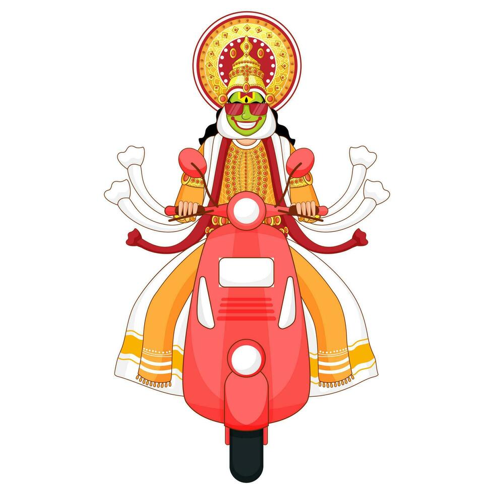 ilustración de dibujos animados Kathakali bailarín hombre montando scooter. vector