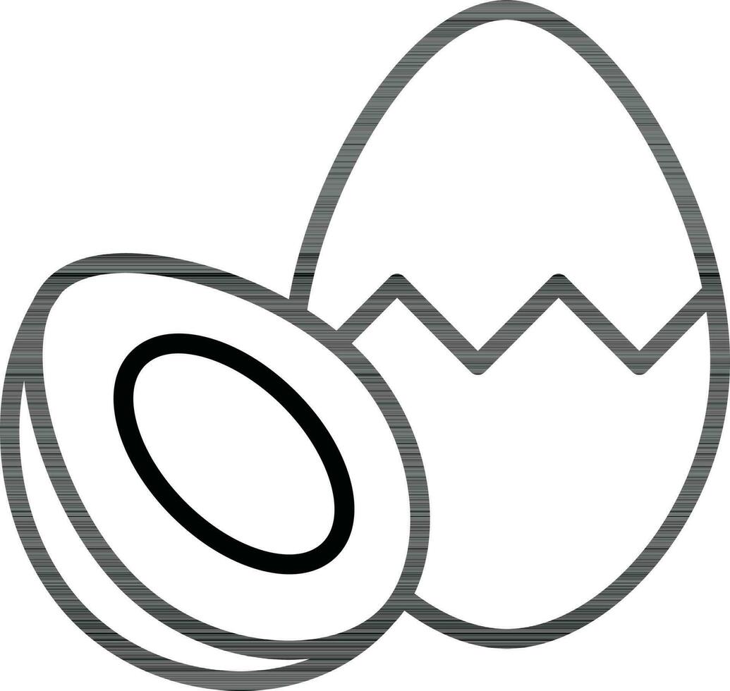 Crack egg shell with boiled half egg icon in thin line art. vector