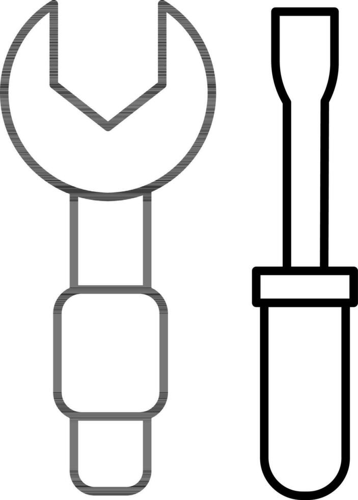 Wrench and Screwdriver icon in black line art. vector