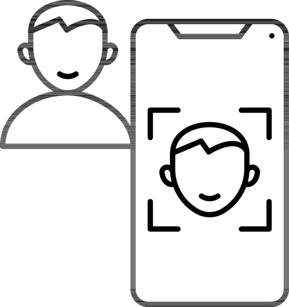 Black line art illustration of Man Face Scan in Smartphone Screen icon. vector