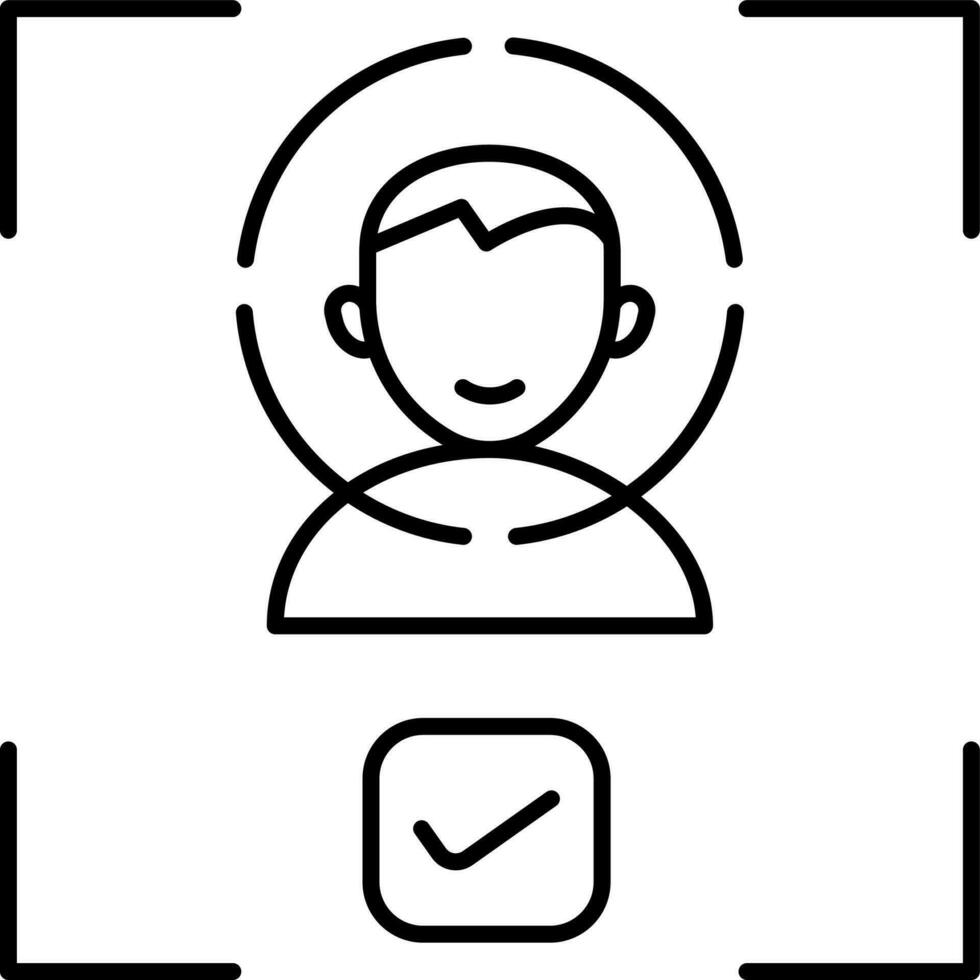 Check or Confirm Man Face Scan icon in black line art. vector
