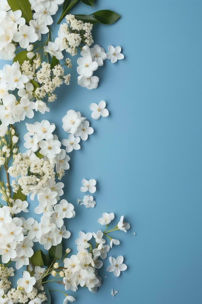 Beautiful spring border, blooming rose bush on a blue background. Flowering rose hips against the blue sky. Soft selective focus , generate ai photo