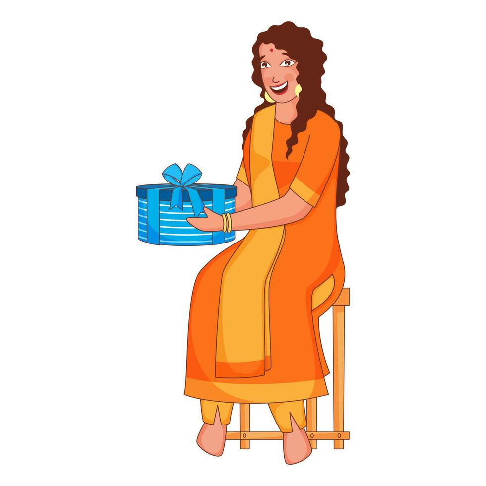 Cartoon Character of Cheerful Indian Girl Holding Gift Box and Sit on Stool. vector