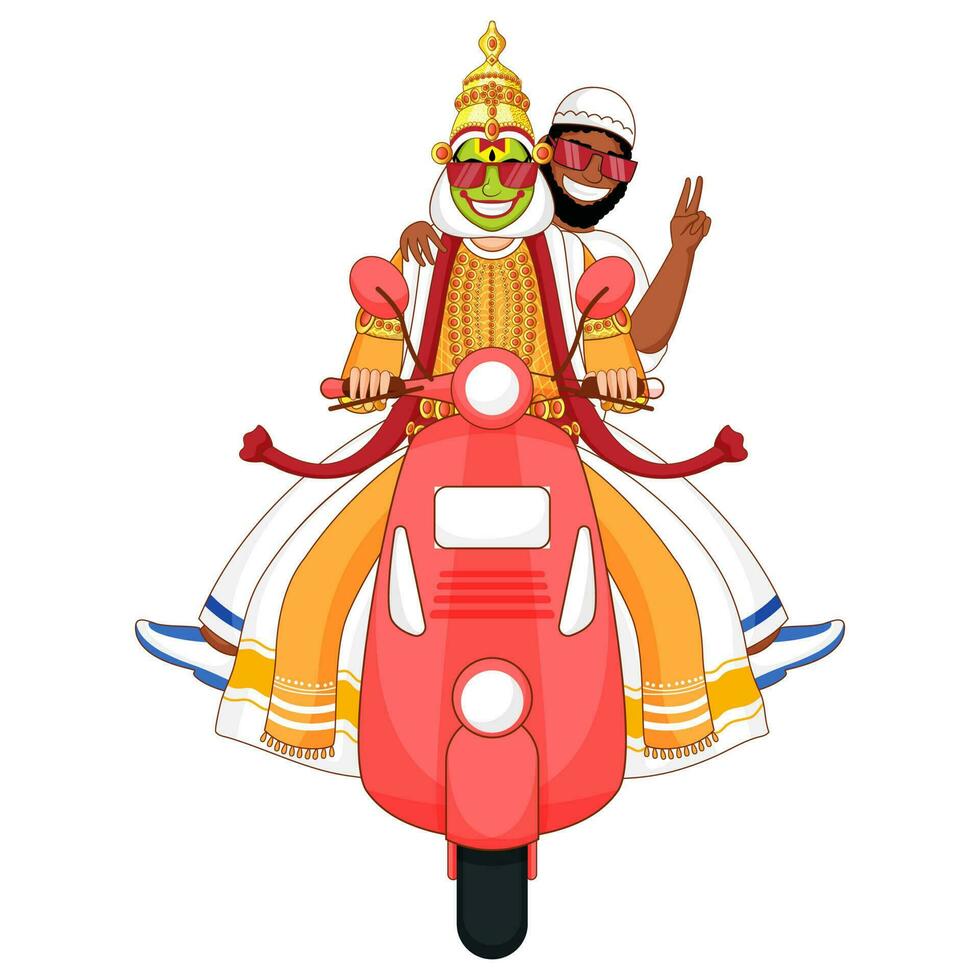 Cheering Muslim and Kthakali Dancer Men Riding Together on Scooter. vector