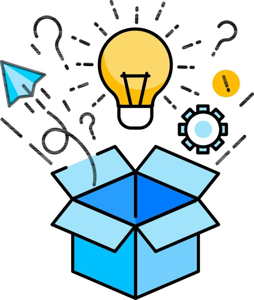 Flat style Open box with paper plane with light bulb and cogwheel for Surprise idea or Think concept. vector